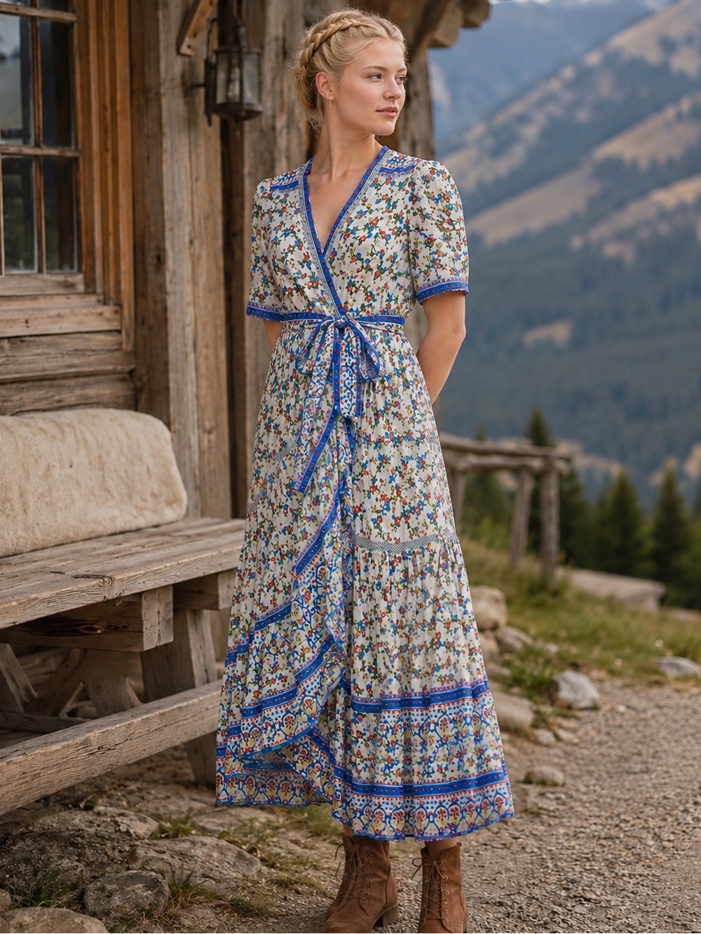 Tulle & Batiste Floral Boho Wrap Maxi Dress CottageCore